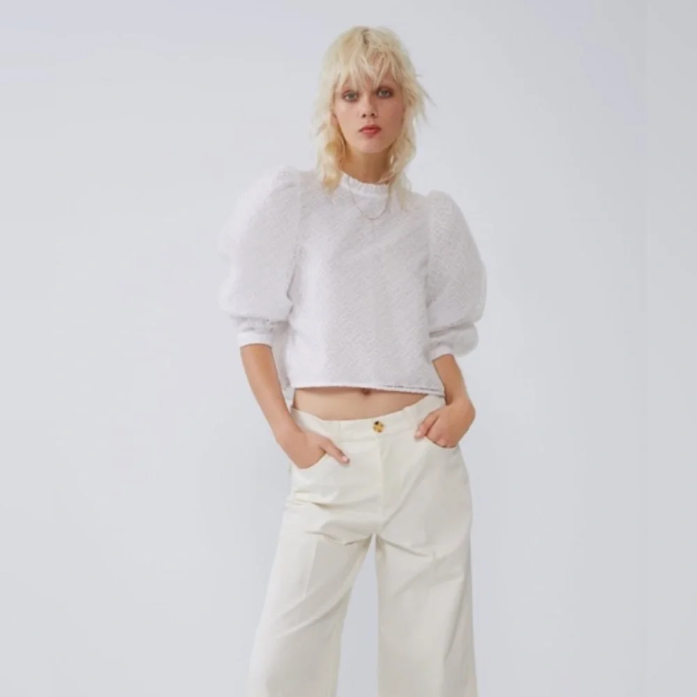 ZARA Puff Sleeve Mesh Eyelet Top - XS